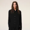 Black Blended Silk Sharp Collar Adjusted Shirt Black Blended Silk Sharp Collar Adjusted Shirt
