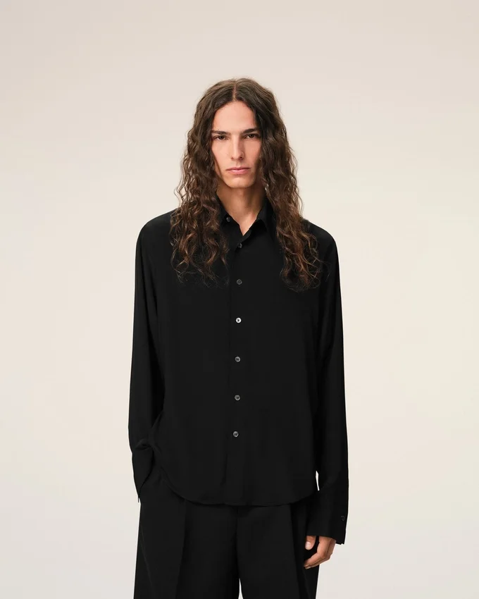 Black Blended Silk Sharp Collar Adjusted Shirt Black Blended Silk Sharp Collar Adjusted Shirt