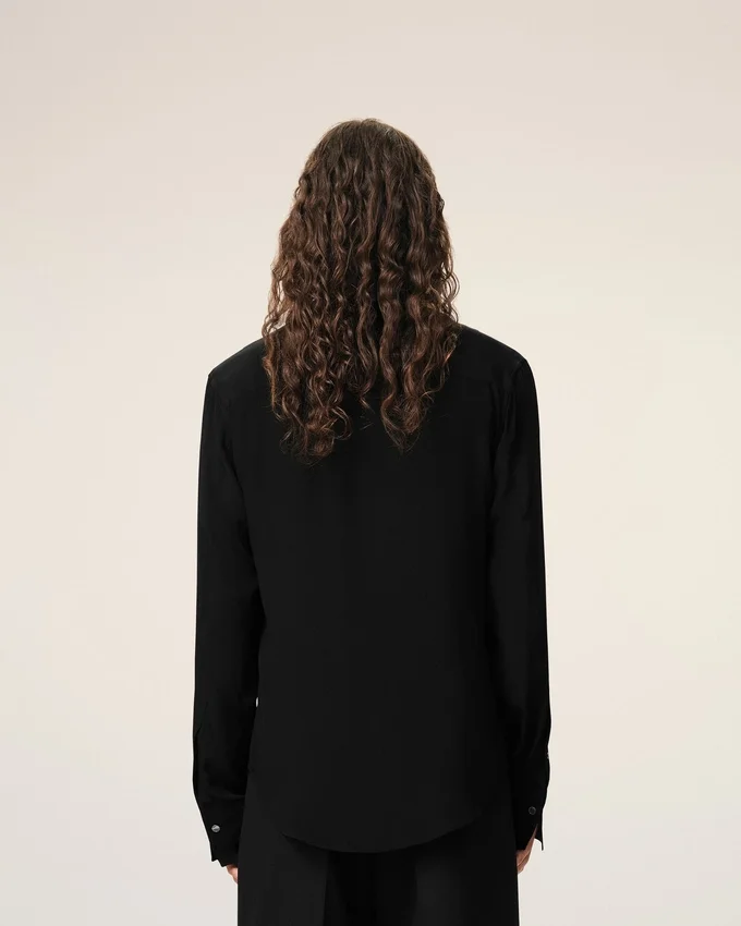 Black Blended Silk Sharp Collar Adjusted Shirt Black Blended Silk Sharp Collar Adjusted Shirt