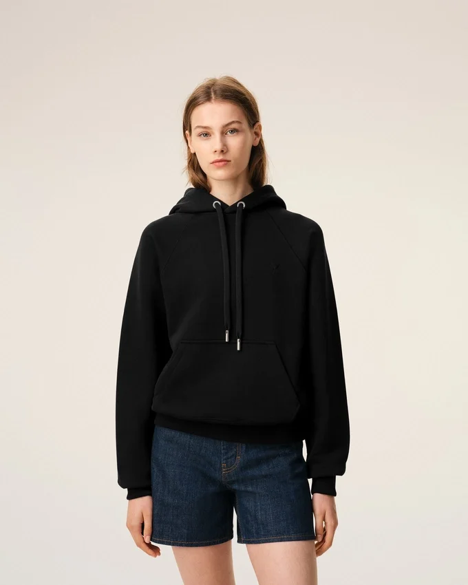 Black Cotton Embossed Ami De Coeur Hoodie Black Cotton Embossed Ami De Coeur Hoodie