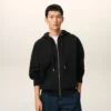 Black Cotton Embossed Ami De Coeur Zipped Hoodie
