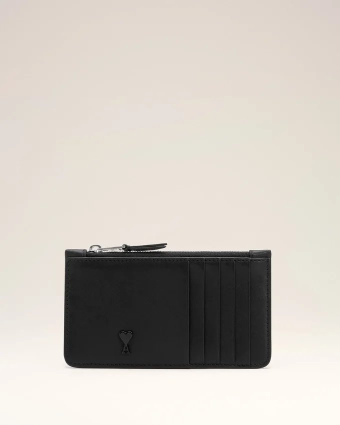 Black Cowhide Leather Ami De Coeur Zipped Card Holder Black Cowhide Leather Ami De Coeur Zipped Card Holder