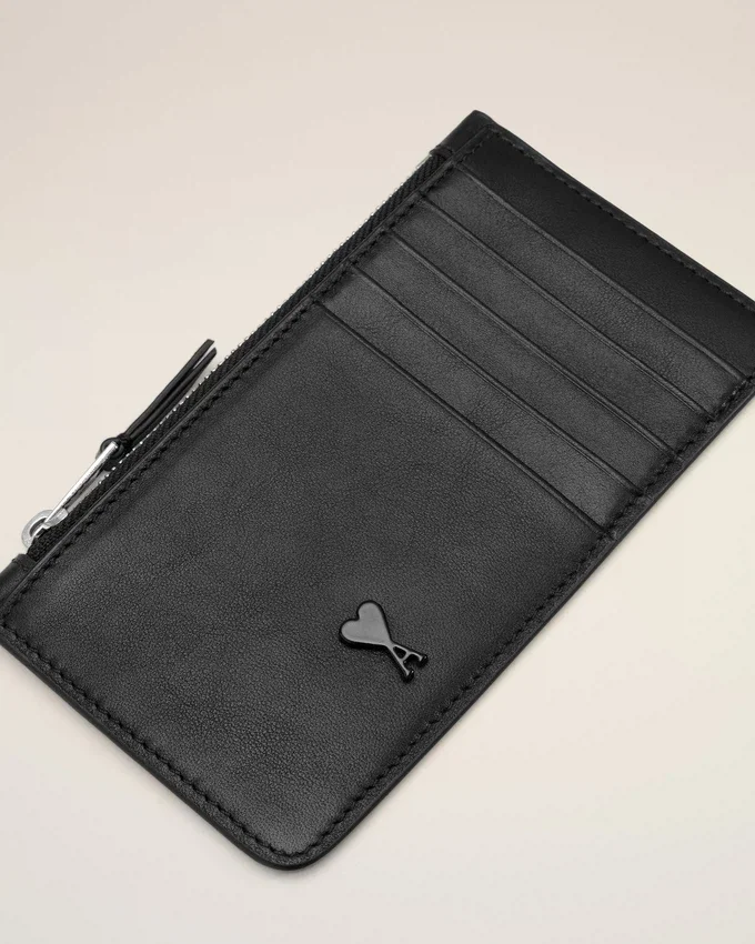 Black Cowhide Leather Ami De Coeur Zipped Card Holder Black Cowhide Leather Ami De Coeur Zipped Card Holder