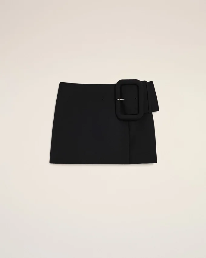 Black New Wool Big Buckle Belted Mini Skirt Black New Wool Big Buckle Belted Mini Skirt