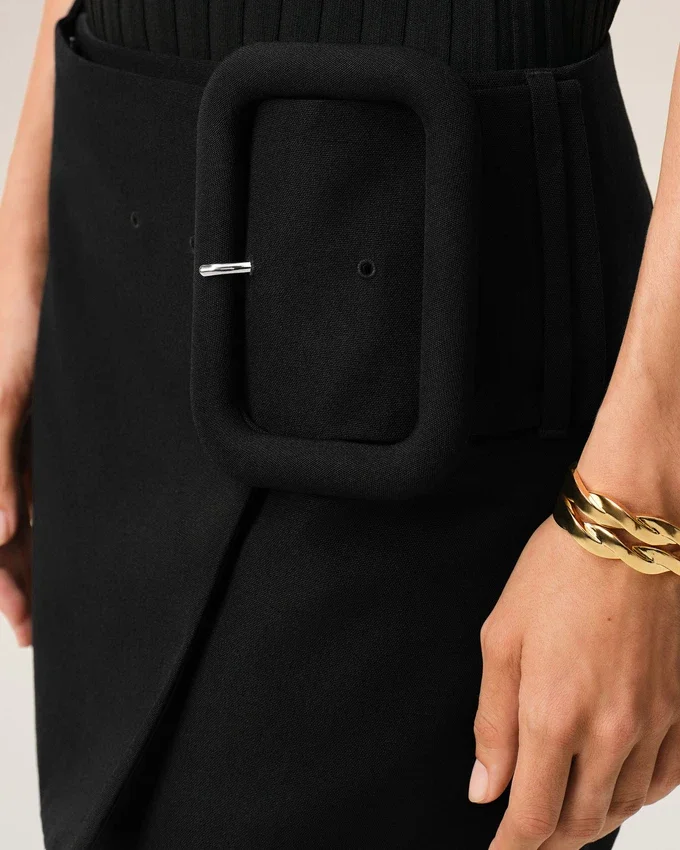 Black New Wool Big Buckle Belted Mini Skirt Black New Wool Big Buckle Belted Mini Skirt
