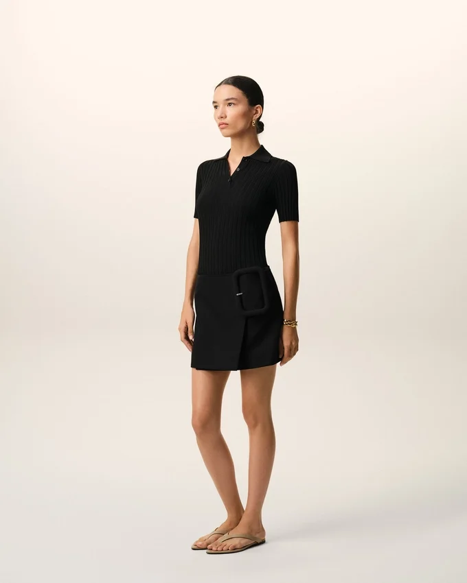 Black New Wool Big Buckle Belted Mini Skirt Black New Wool Big Buckle Belted Mini Skirt