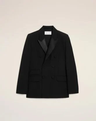 Black New Wool Double Breasted Straight Smocking Jacket