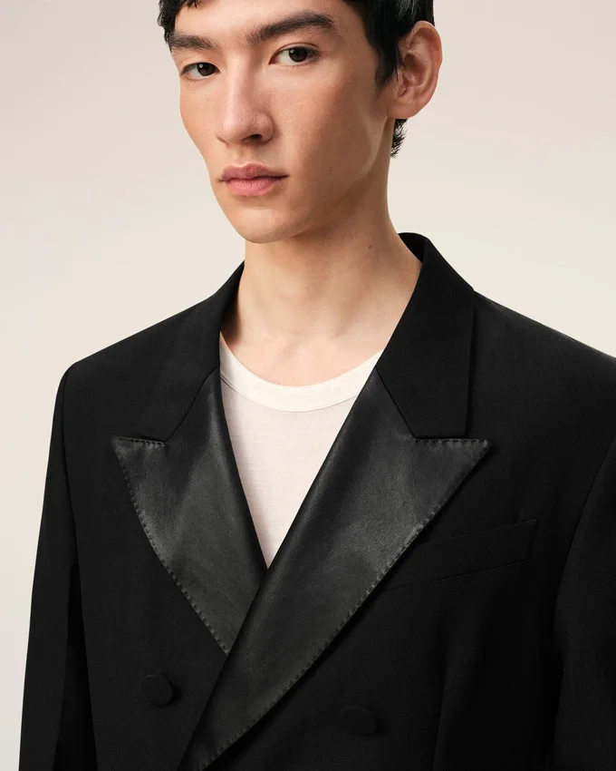 Black New Wool Double Breasted Straight Smocking Jacket Black New Wool Double Breasted Straight Smocking Jacket