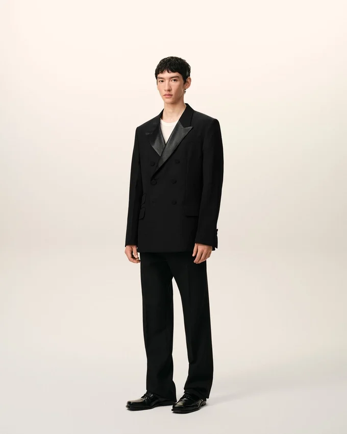 Black New Wool Double Breasted Straight Smocking Jacket Black New Wool Double Breasted Straight Smocking Jacket