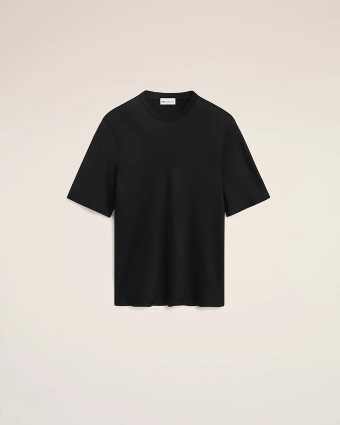 Black Satin Short Sleeves Rib Detail T-Shirt Black Satin Short Sleeves Rib Detail T-Shirt