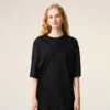Black Satin Short Sleeves Rib Detail T-Shirt Black Satin Short Sleeves Rib Detail T-Shirt
