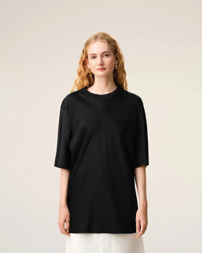 Black Satin Short Sleeves Rib Detail T-Shirt Black Satin Short Sleeves Rib Detail T-Shirt