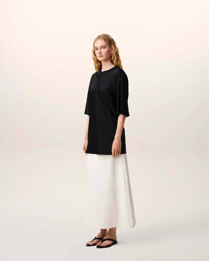Black Satin Short Sleeves Rib Detail T-Shirt Black Satin Short Sleeves Rib Detail T-Shirt