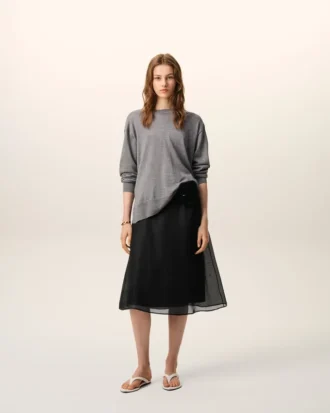 Black Silk Midi Sheer Underskirt Trapeze Skirt