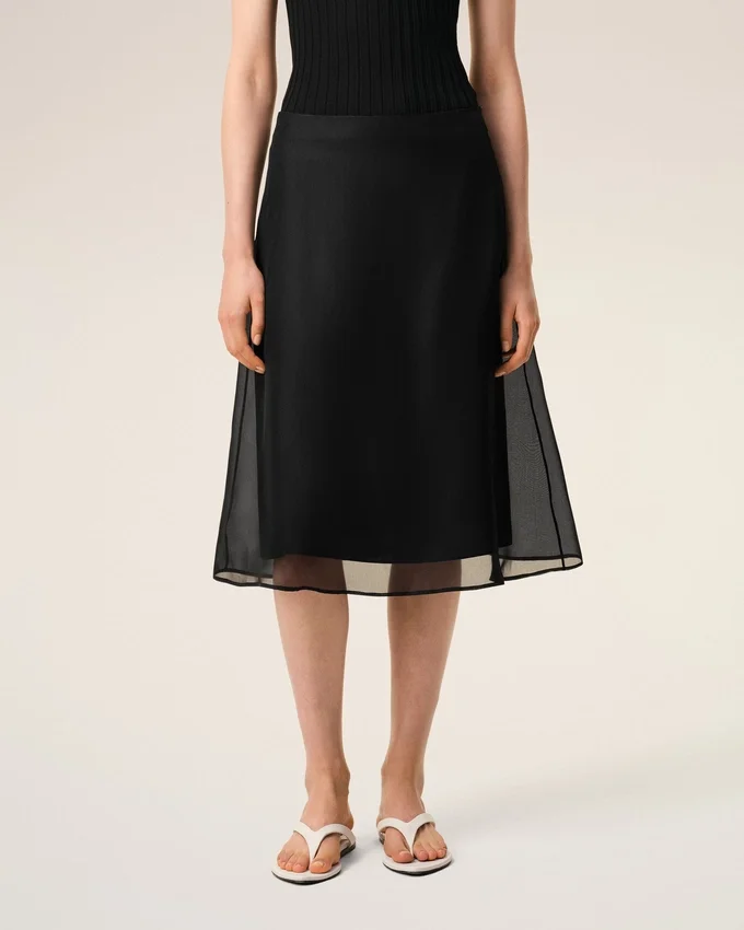 Black Silk Midi Sheer Underskirt Trapeze Skirt Black Silk Midi Sheer Underskirt Trapeze Skirt