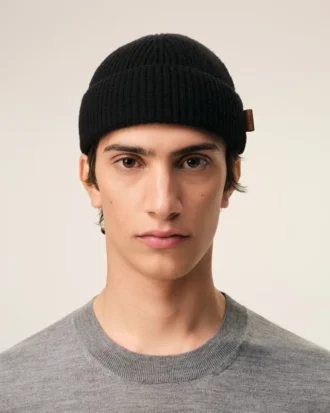 Black Wool Ami Leather Label Beanie