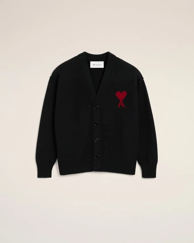 Black Wool Cardigan with Contrasted Ami De Coeur Black Wool Cardigan with Contrasted Ami De Coeur