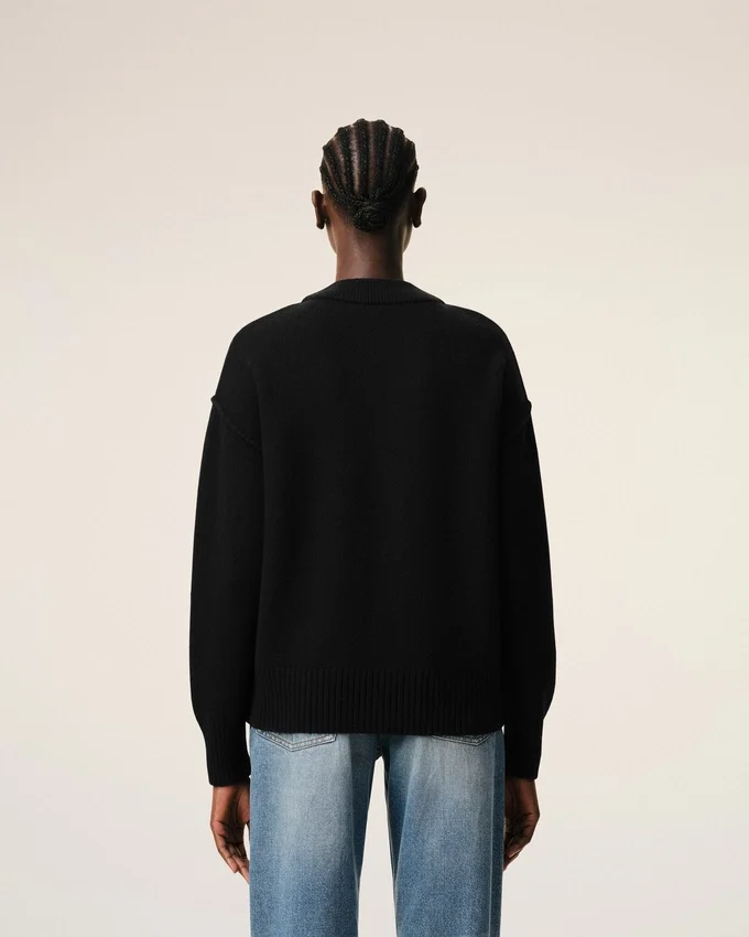 Black Wool Cardigan with Contrasted Ami De Coeur Black Wool Cardigan with Contrasted Ami De Coeur
