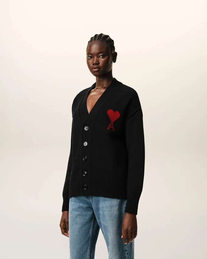 Black Wool Cardigan with Contrasted Ami De Coeur Black Wool Cardigan with Contrasted Ami De Coeur