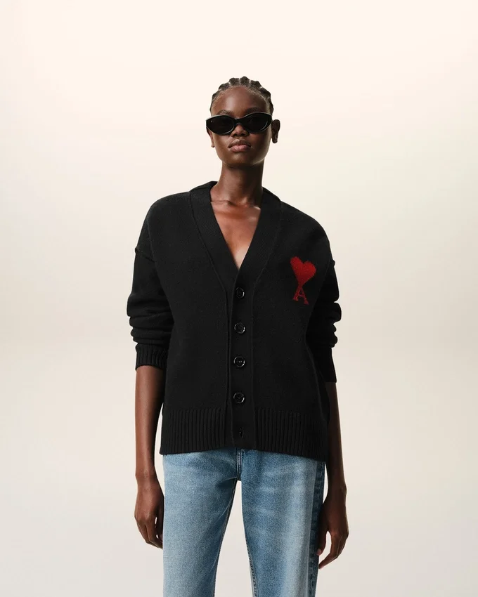 Black Wool Cardigan with Contrasted Ami De Coeur Black Wool Cardigan with Contrasted Ami De Coeur