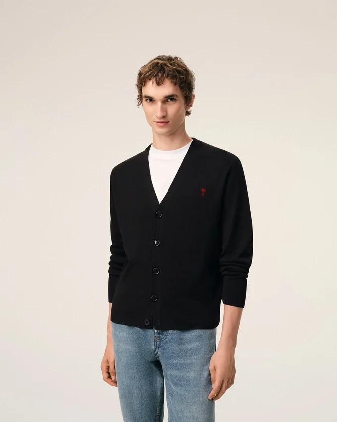 Black Wool Cardigan with Contrasted Ami De Coeur Black Wool Cardigan with Contrasted Ami De Coeur