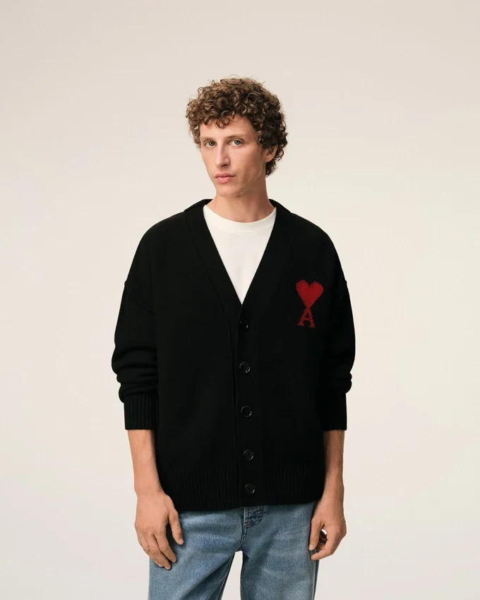 Black Wool Cardigan with Contrasted Ami De Coeur Black Wool Cardigan with Contrasted Ami De Coeur