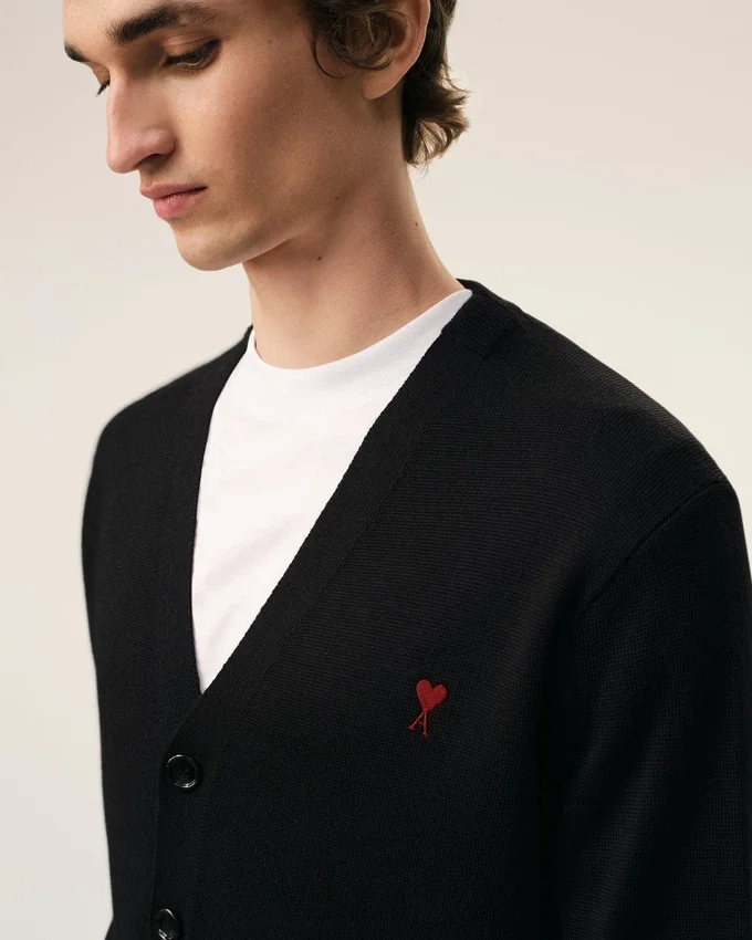 Black Wool Cardigan with Contrasted Ami De Coeur Black Wool Cardigan with Contrasted Ami De Coeur