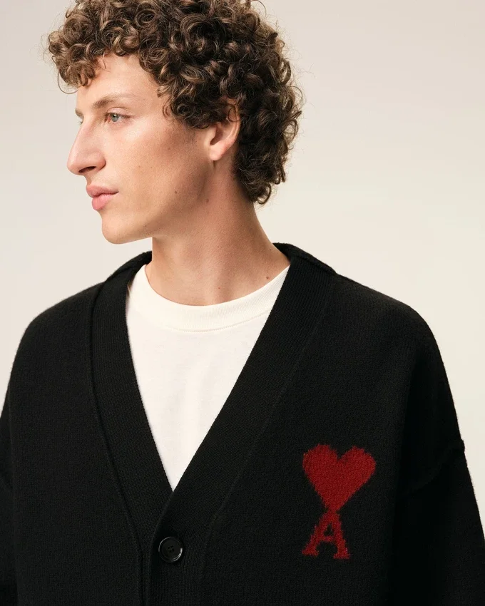 Black Wool Cardigan with Contrasted Ami De Coeur Black Wool Cardigan with Contrasted Ami De Coeur
