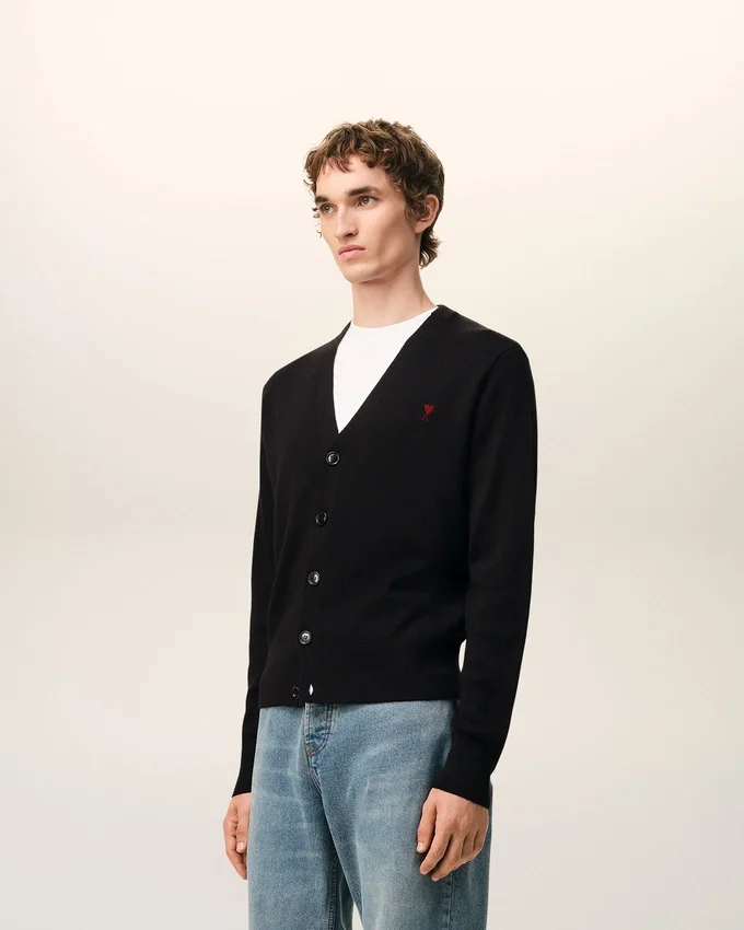Black Wool Cardigan with Contrasted Ami De Coeur Black Wool Cardigan with Contrasted Ami De Coeur