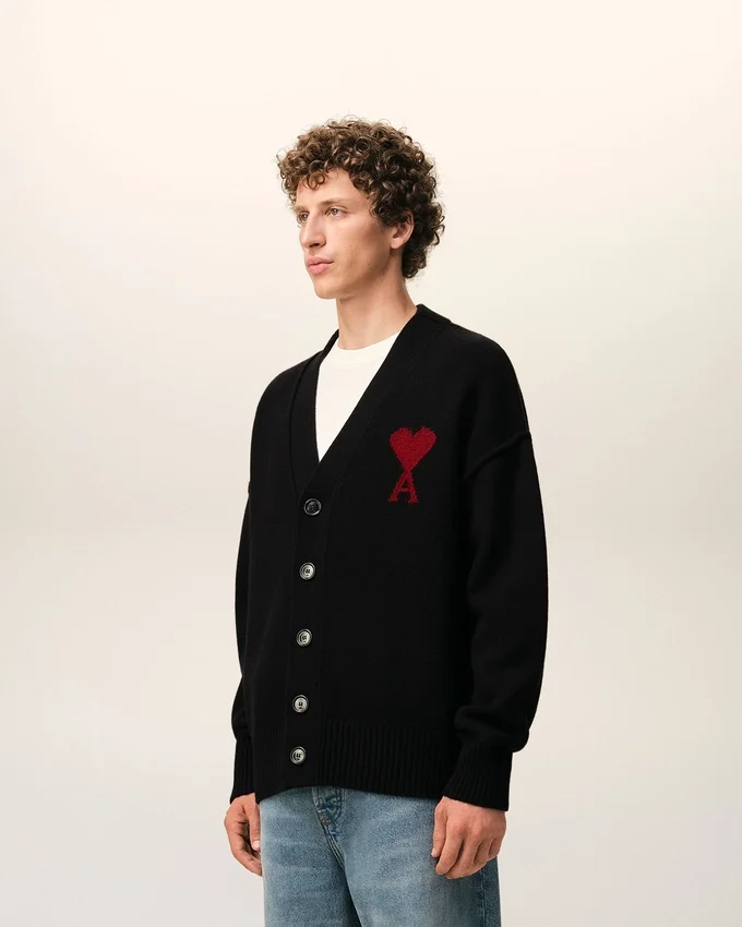 Black Wool Cardigan with Contrasted Ami De Coeur Black Wool Cardigan with Contrasted Ami De Coeur