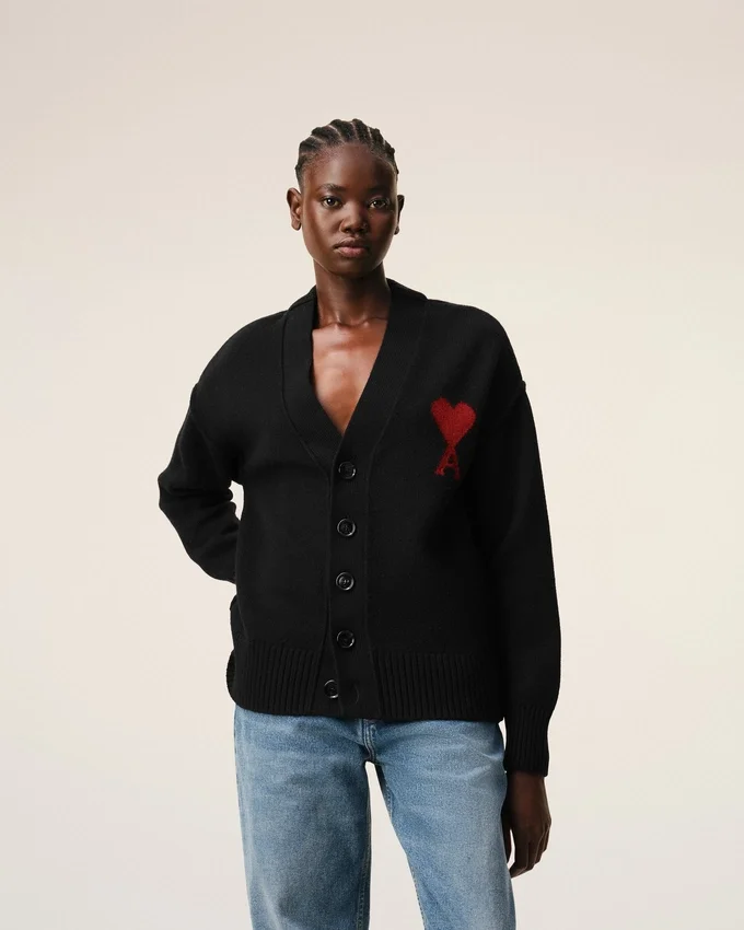 Black Wool Cardigan with Contrasted Ami De Coeur Black Wool Cardigan with Contrasted Ami De Coeur