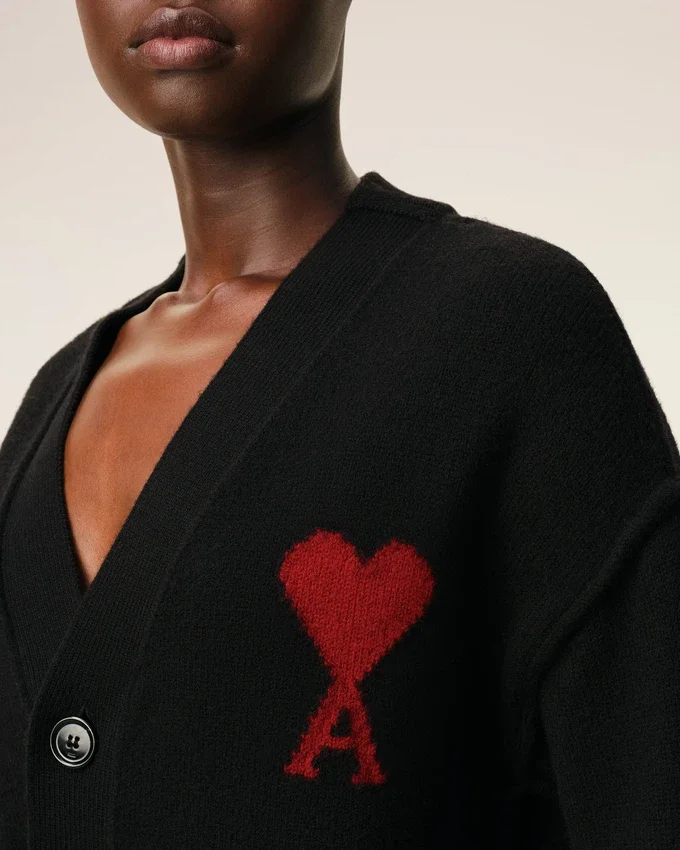 Black Wool Cardigan with Contrasted Ami De Coeur Black Wool Cardigan with Contrasted Ami De Coeur