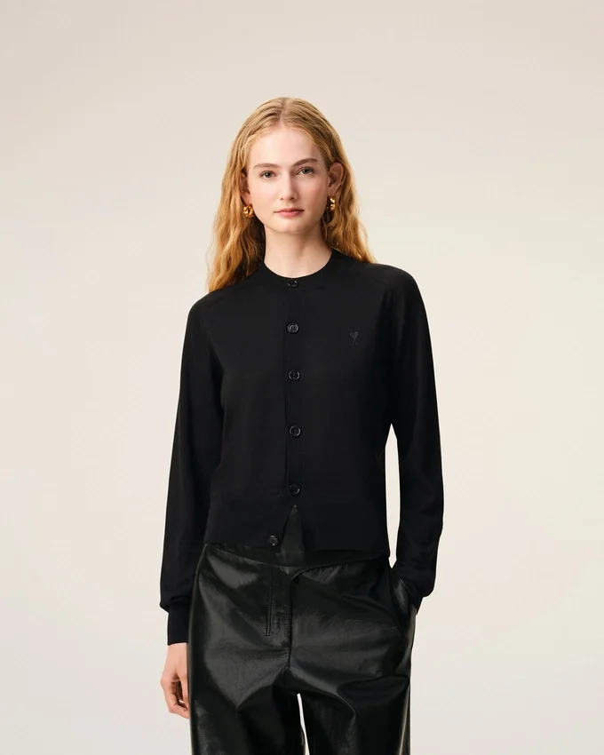 Black Wool Crewneck Ami De Coeur Cardigan Black Wool Crewneck Ami De Coeur Cardigan