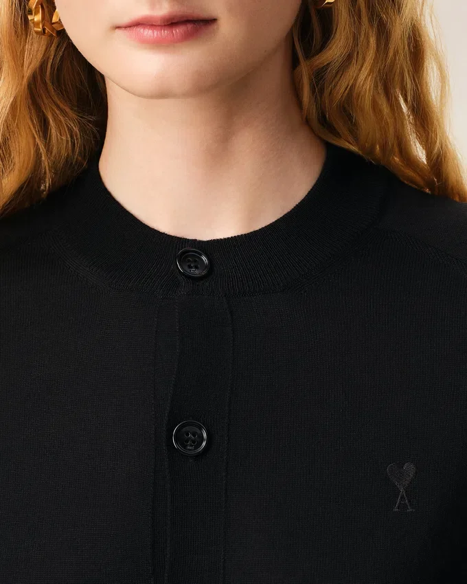 Black Wool Crewneck Ami De Coeur Cardigan Black Wool Crewneck Ami De Coeur Cardigan