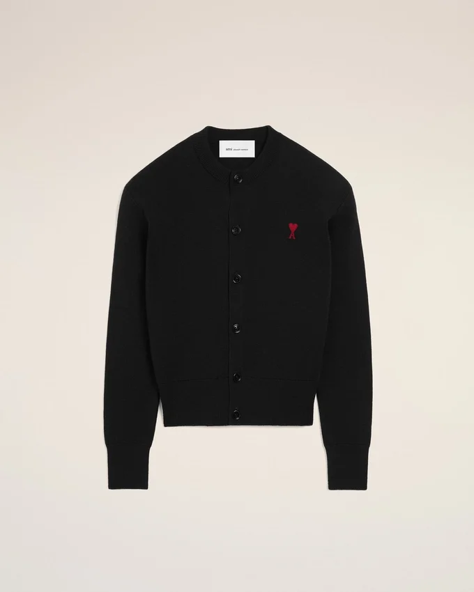 Black Wool Crewneck Cardigan with Contrasted Ami De Coeur Black Wool Crewneck Cardigan with Contrasted Ami De Coeur