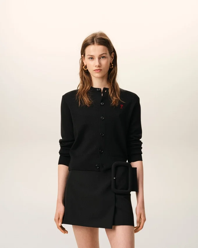 Black Wool Crewneck Cardigan with Contrasted Ami De Coeur Black Wool Crewneck Cardigan with Contrasted Ami De Coeur