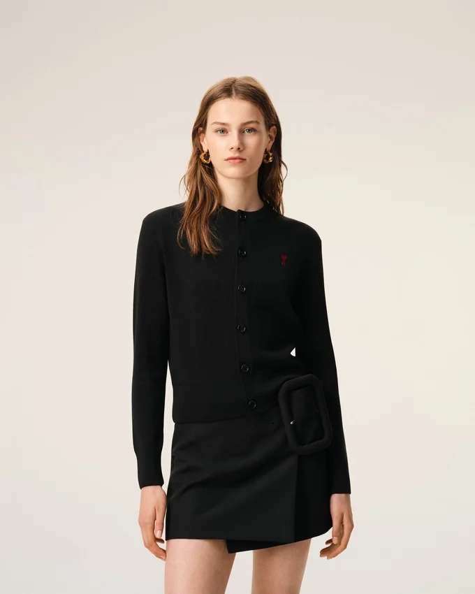 Black Wool Crewneck Cardigan with Contrasted Ami De Coeur Black Wool Crewneck Cardigan with Contrasted Ami De Coeur