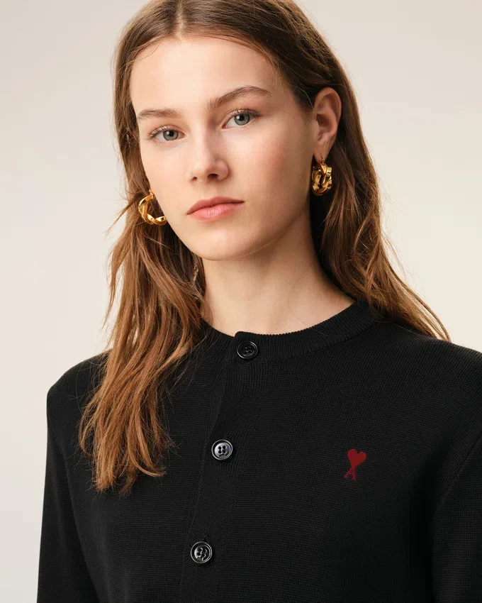 Black Wool Crewneck Cardigan with Contrasted Ami De Coeur Black Wool Crewneck Cardigan with Contrasted Ami De Coeur
