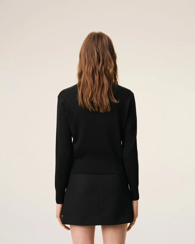 Black Wool Crewneck Cardigan with Contrasted Ami De Coeur Black Wool Crewneck Cardigan with Contrasted Ami De Coeur