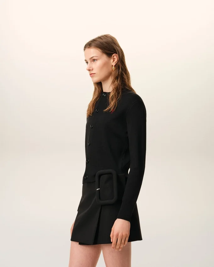 Black Wool Crewneck Cardigan with Contrasted Ami De Coeur Black Wool Crewneck Cardigan with Contrasted Ami De Coeur