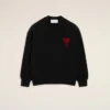 Black Wool Crewneck Sweater with Contrasted Ami De Coeur