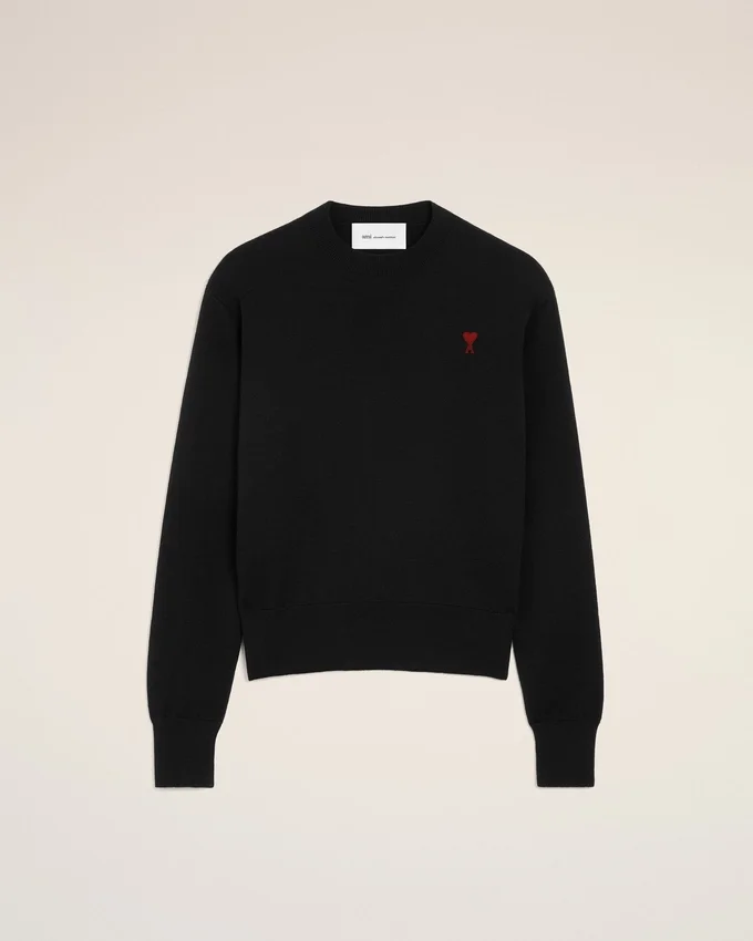 Black Wool Crewneck Sweater with Contrasted Ami De Coeur Black Wool Crewneck Sweater with Contrasted Ami De Coeur