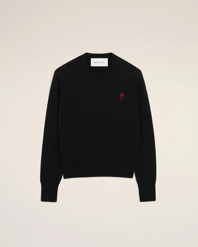 Black Wool Crewneck Sweater with Contrasted Ami De Coeur Black Wool Crewneck Sweater with Contrasted Ami De Coeur