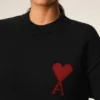 Black Wool Crewneck Sweater with Contrasted Ami De Coeur