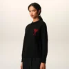 Black Wool Crewneck Sweater with Contrasted Ami De Coeur