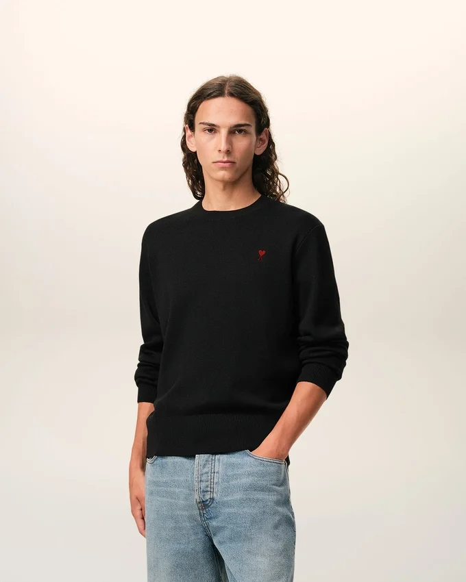 Black Wool Crewneck Sweater with Contrasted Ami De Coeur Black Wool Crewneck Sweater with Contrasted Ami De Coeur