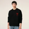 Black Wool Crewneck Sweater with Contrasted Ami De Coeur