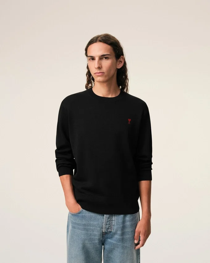 Black Wool Crewneck Sweater with Contrasted Ami De Coeur Black Wool Crewneck Sweater with Contrasted Ami De Coeur