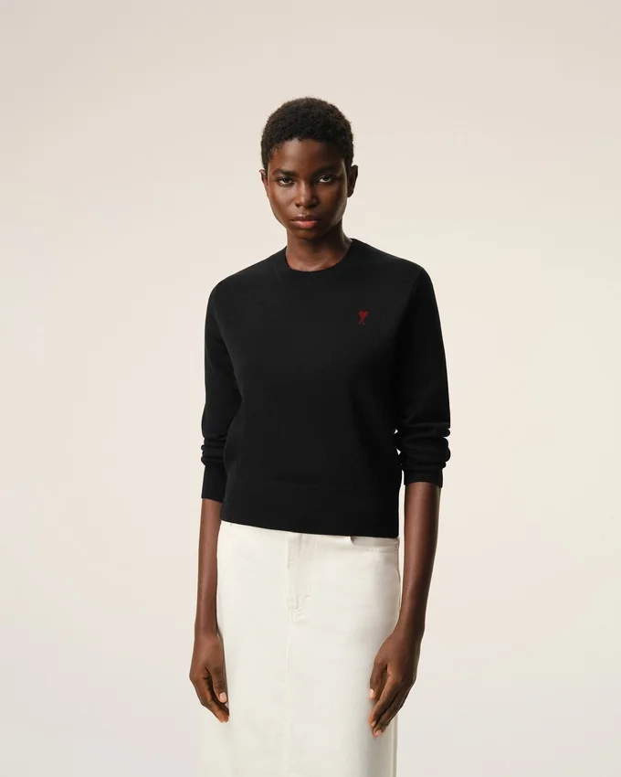 Black Wool Crewneck Sweater with Contrasted Ami De Coeur Black Wool Crewneck Sweater with Contrasted Ami De Coeur