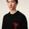 Black Wool Crewneck Sweater with Contrasted Ami De Coeur